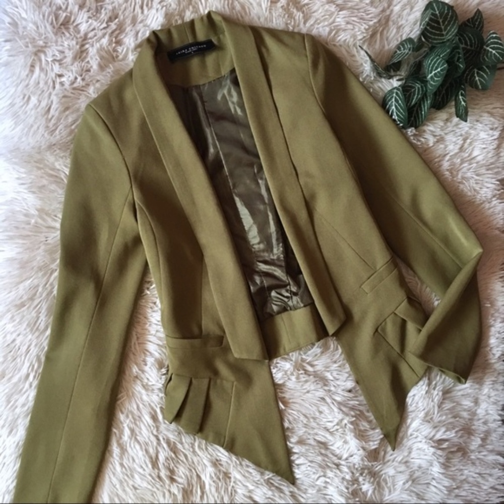 Akira Olive Green Ruffle Open Front Blazer